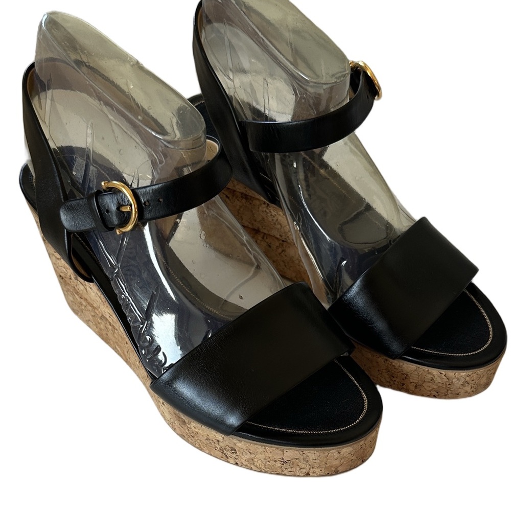 Salvatore Ferragamo Black Leather Cork Wedge Platform Sz 6 Sandals Made in Italy - Picture 2 of 16